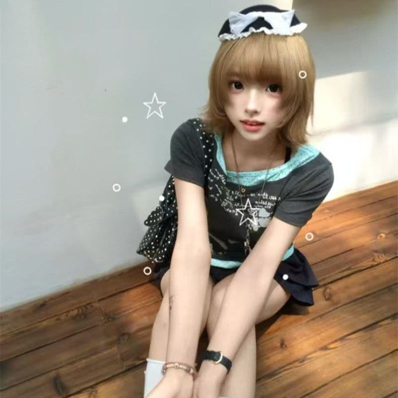 40 순면 210 그램 프린트 반팔 패치워크 도트 무늬 천 페이크 레이어드 티셔츠 여성 허리 수축 슬림해 보이는 이미지 2
