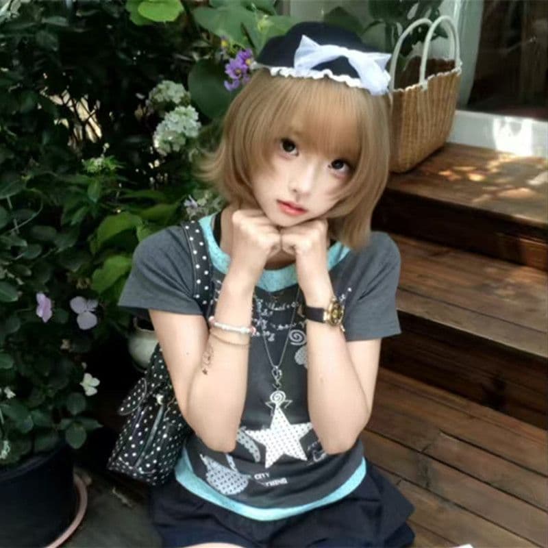 40 순면 210 그램 프린트 반팔 패치워크 도트 무늬 천 페이크 레이어드 티셔츠 여성 허리 수축 슬림해 보이는 이미지 3