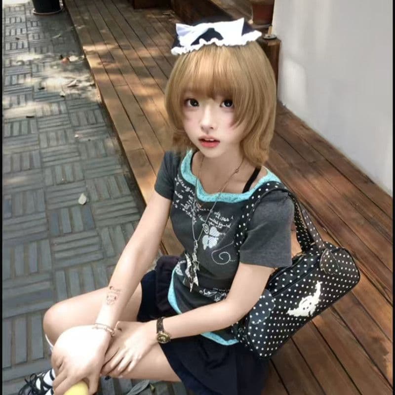 40 순면 210 그램 프린트 반팔 패치워크 도트 무늬 천 페이크 레이어드 티셔츠 여성 허리 수축 슬림해 보이는 이미지 4