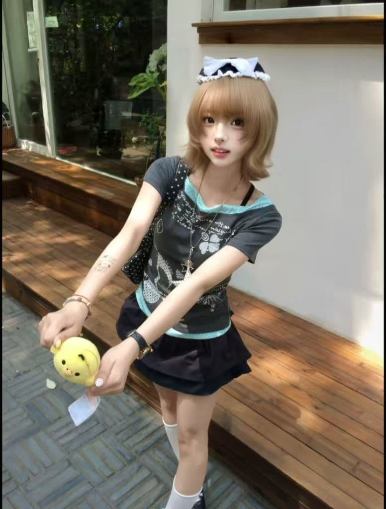 40 순면 210 그램 프린트 반팔 패치워크 도트 무늬 천 페이크 레이어드 티셔츠 여성 허리 수축 슬림해 보이는 상세 이미지 4