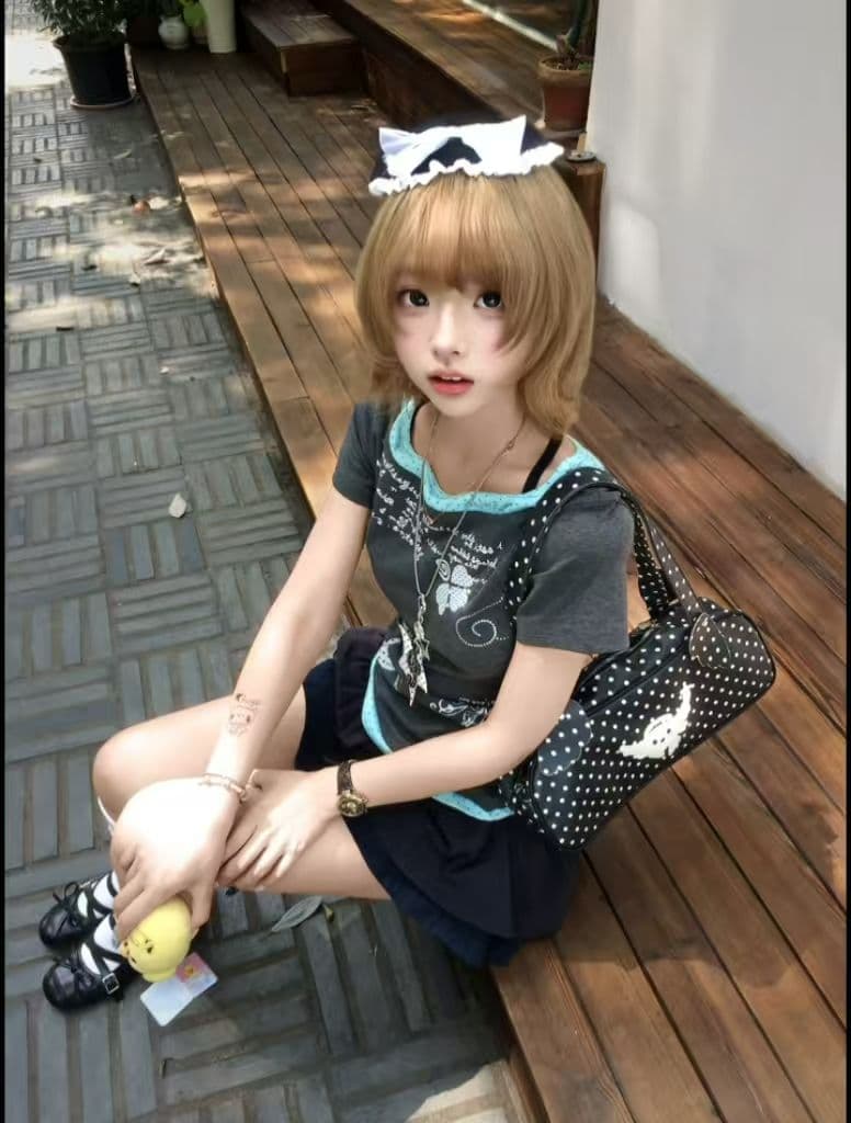 40 순면 210 그램 프린트 반팔 패치워크 도트 무늬 천 페이크 레이어드 티셔츠 여성 허리 수축 슬림해 보이는 상세 이미지 5