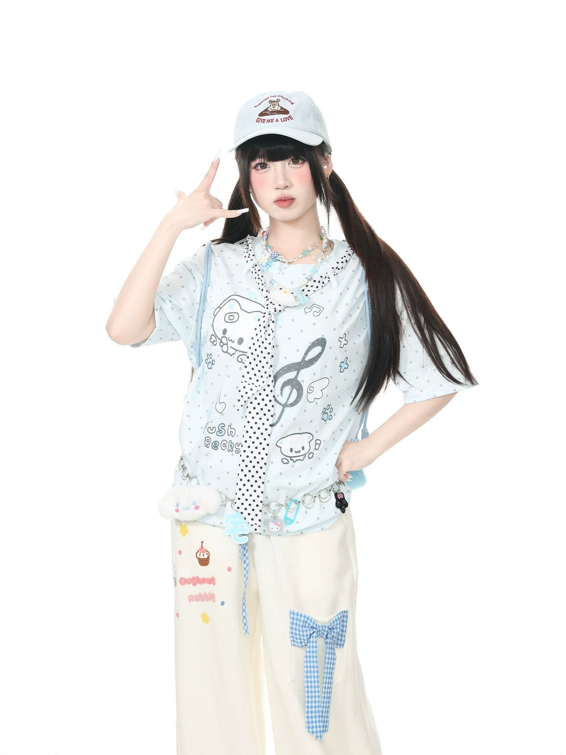 원본 것 19 지점 220 그램 면 도트 무늬 넥타이 새끼 고양이 프린트 루즈핏 반팔 티셔츠 여성 상세 이미지 2