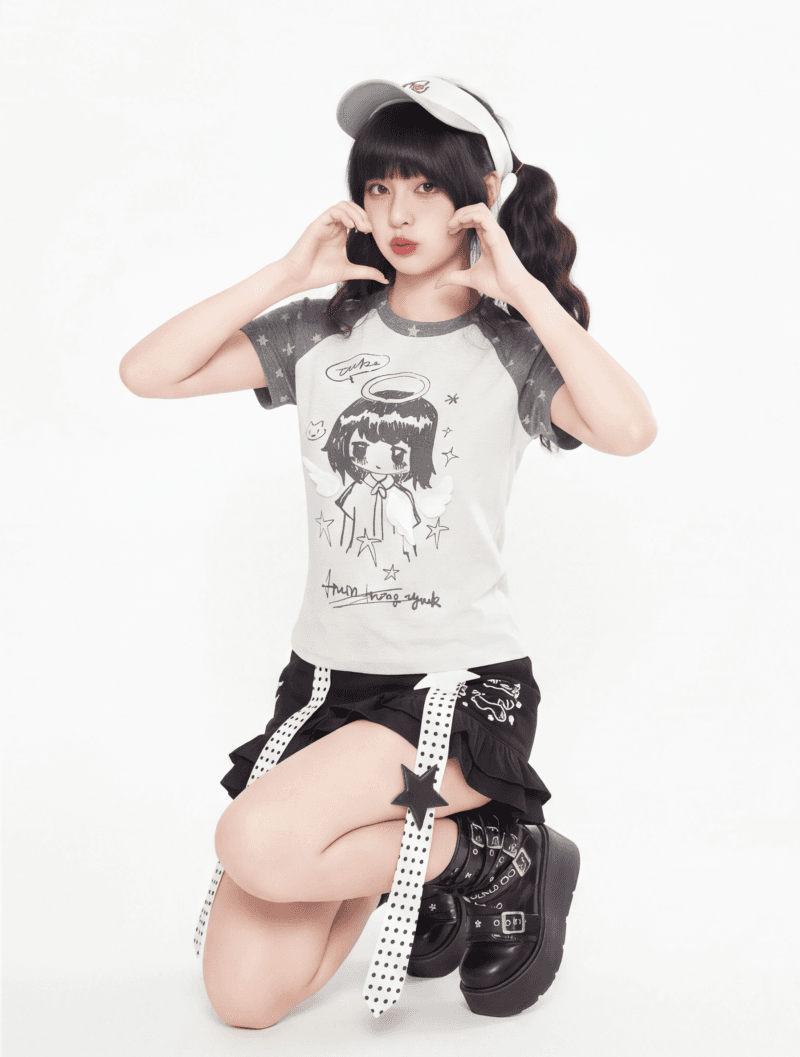 프린트 원본 날개 패치워크 반팔 티셔츠 이미지 2