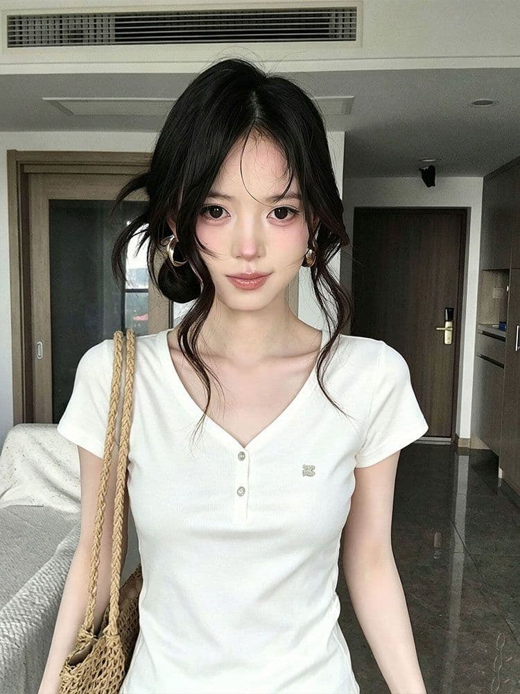 금속 표준 원본 종류 광저우 원단 아메리칸 화이트 V넥 긍정적 인 어깨 반팔 티셔츠 이미지 2