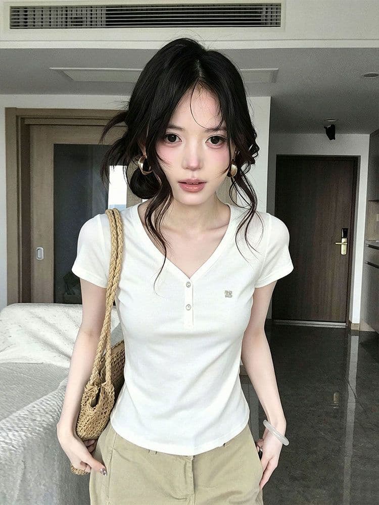 금속 표준 원본 종류 광저우 원단 아메리칸 화이트 V넥 긍정적 인 어깨 반팔 티셔츠 상세 이미지 4