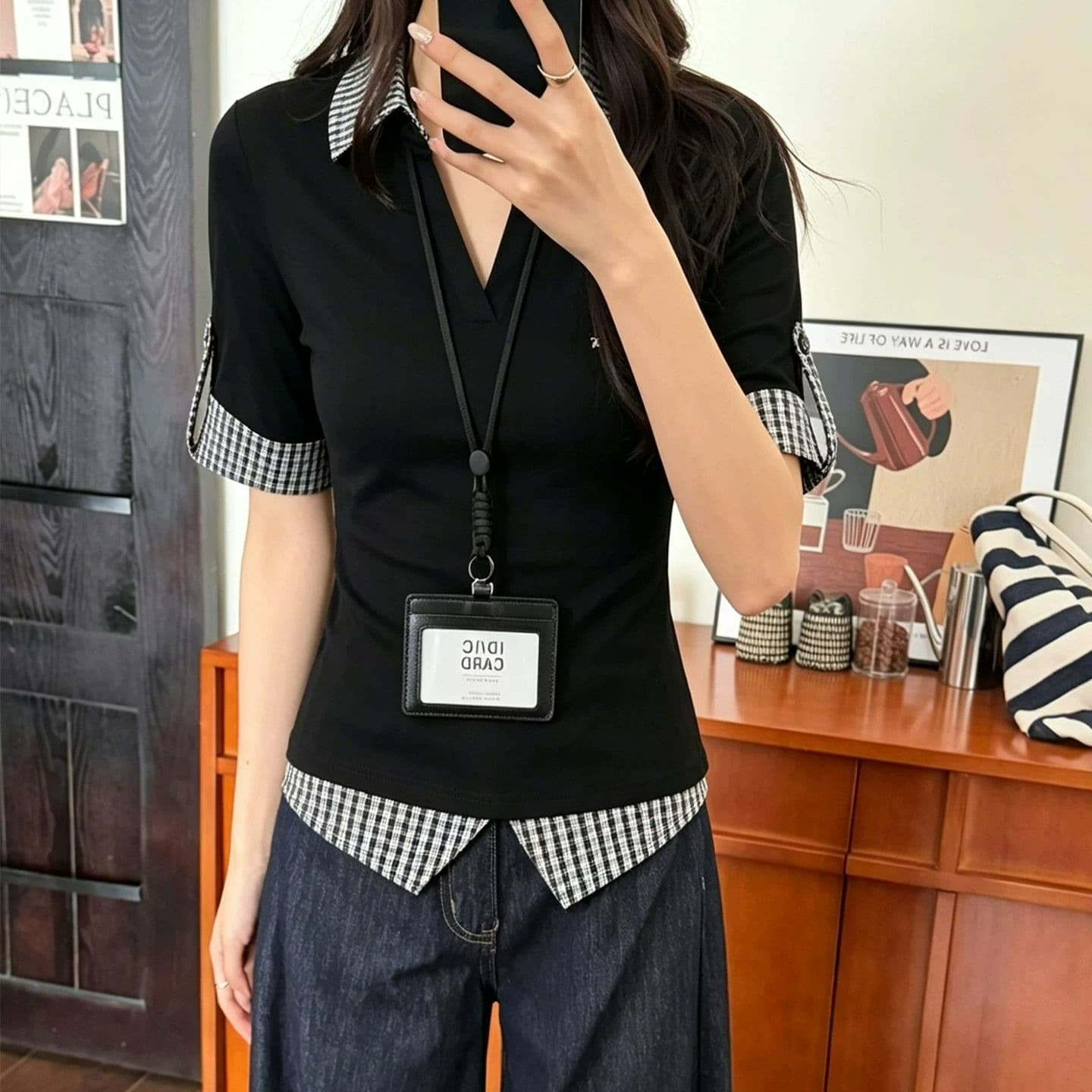 페이크 레이어드 V넥 긍정적 인 어깨 패치워크 체크무늬 반팔 티셔츠 여성 여름 몸매 가꾸기 POLO 셔츠 반소매 맨위 이미지 5