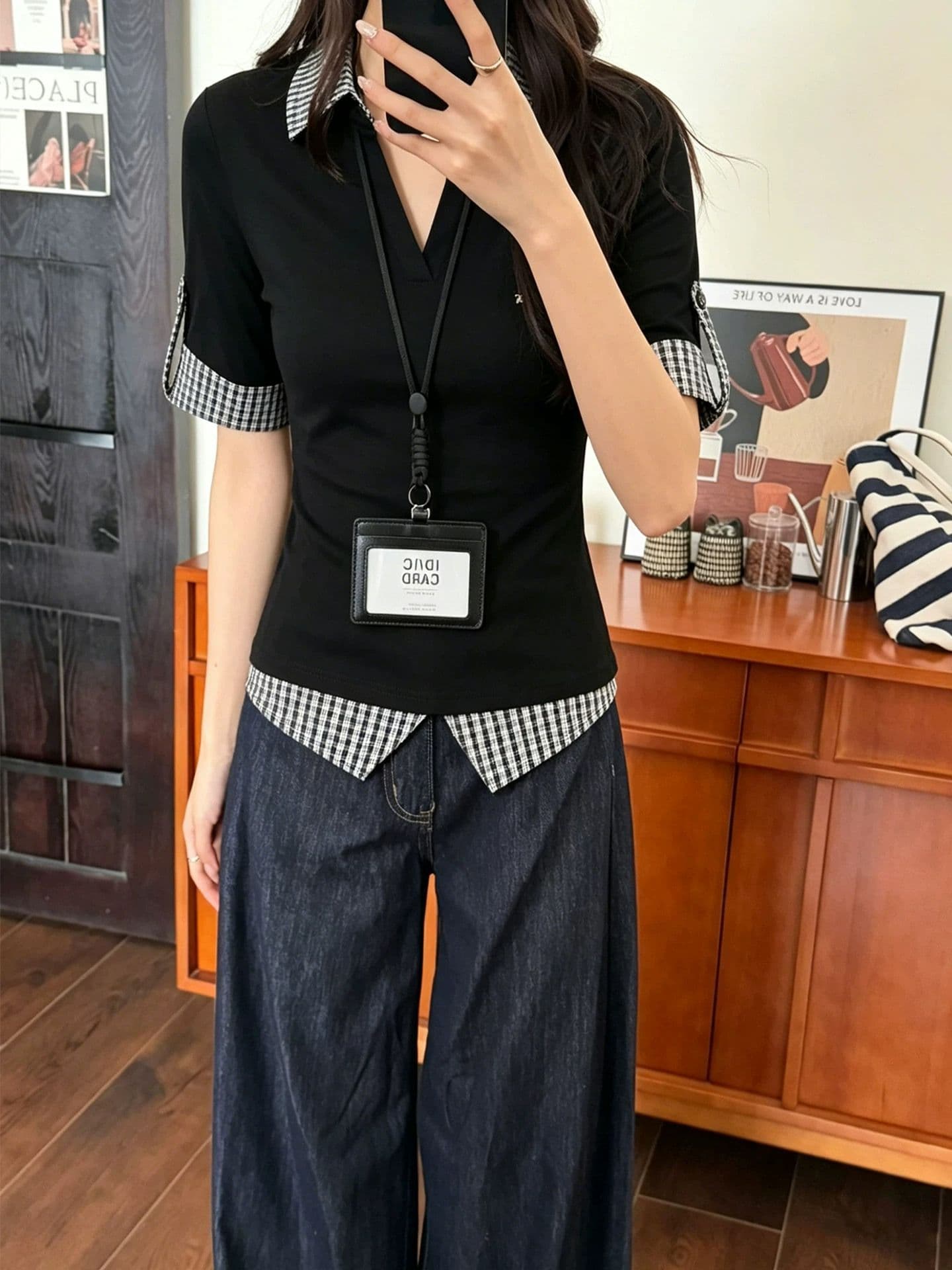 페이크 레이어드 V넥 긍정적 인 어깨 패치워크 체크무늬 반팔 티셔츠 여성 여름 몸매 가꾸기 POLO 셔츠 반소매 맨위 상세 이미지 4