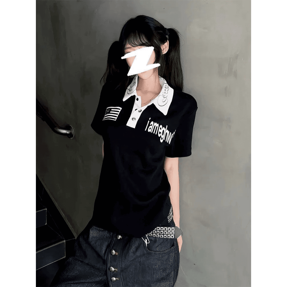 40 220 그램 92 면 8 암모니아 Lun 리브 네클라인 프린트 POLO 칼라 몸매 가꾸기 반팔 t 셔츠 여성 이미지 5