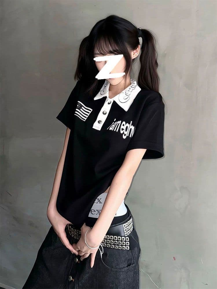 40 220 그램 92 면 8 암모니아 Lun 리브 네클라인 프린트 POLO 칼라 몸매 가꾸기 반팔 t 셔츠 여성 상세 이미지 4
