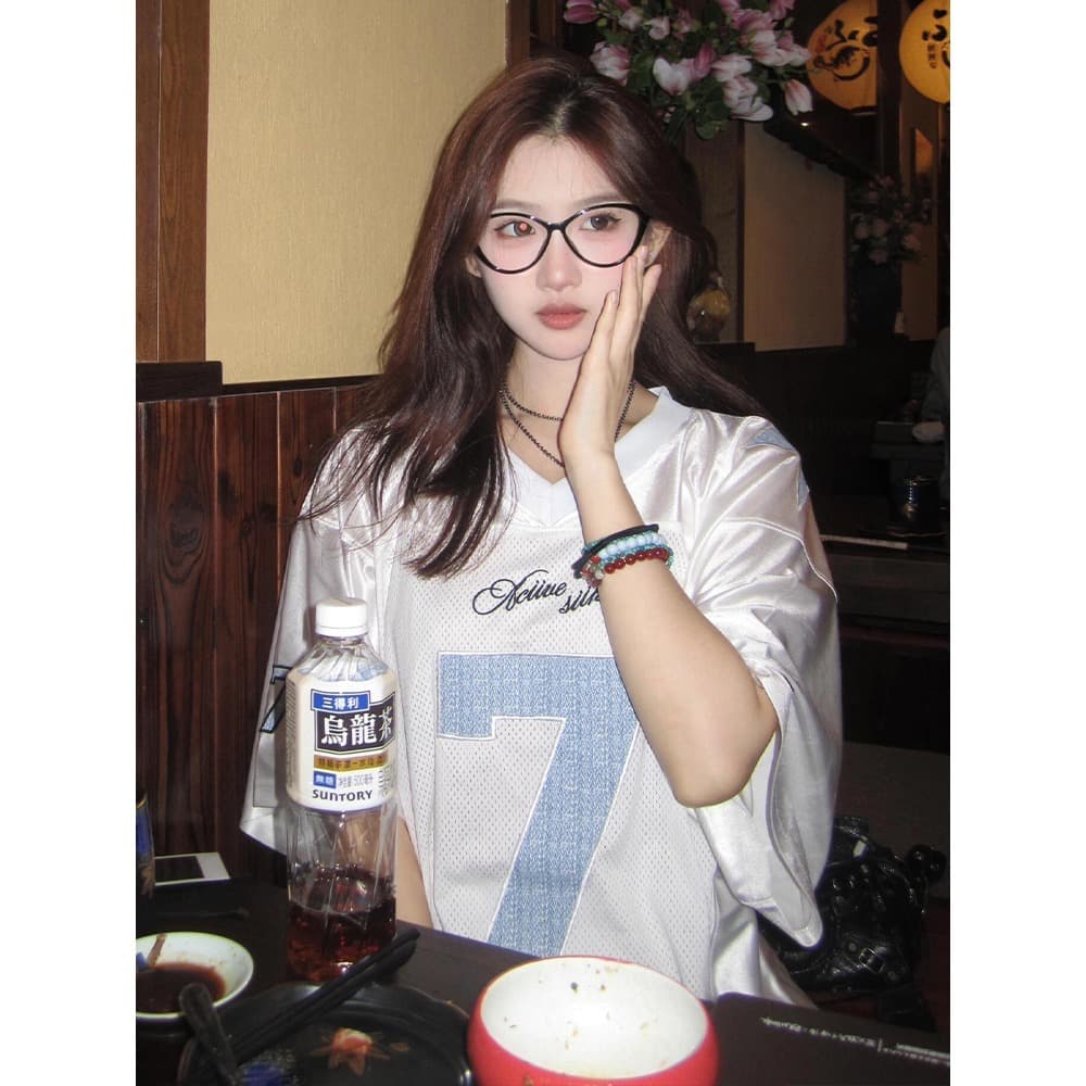 아메리칸 높음 거리 V넥 반팔 여성 여름 숫자 프린트 저지 바람 티셔츠 디자인 센스 작은 대중 루즈핏 배색 맨위 상세 이미지 11