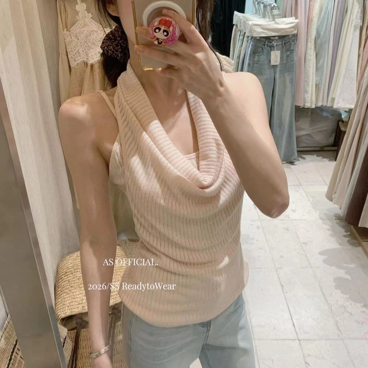 2026 여름 아름다움 뒤로 흔들다 칼라 페이크 레이어드 핫걸 맨위 단색 디스플레이 화이트 행침 목 작은 슬링 조끼 여성 상세 이미지 1
