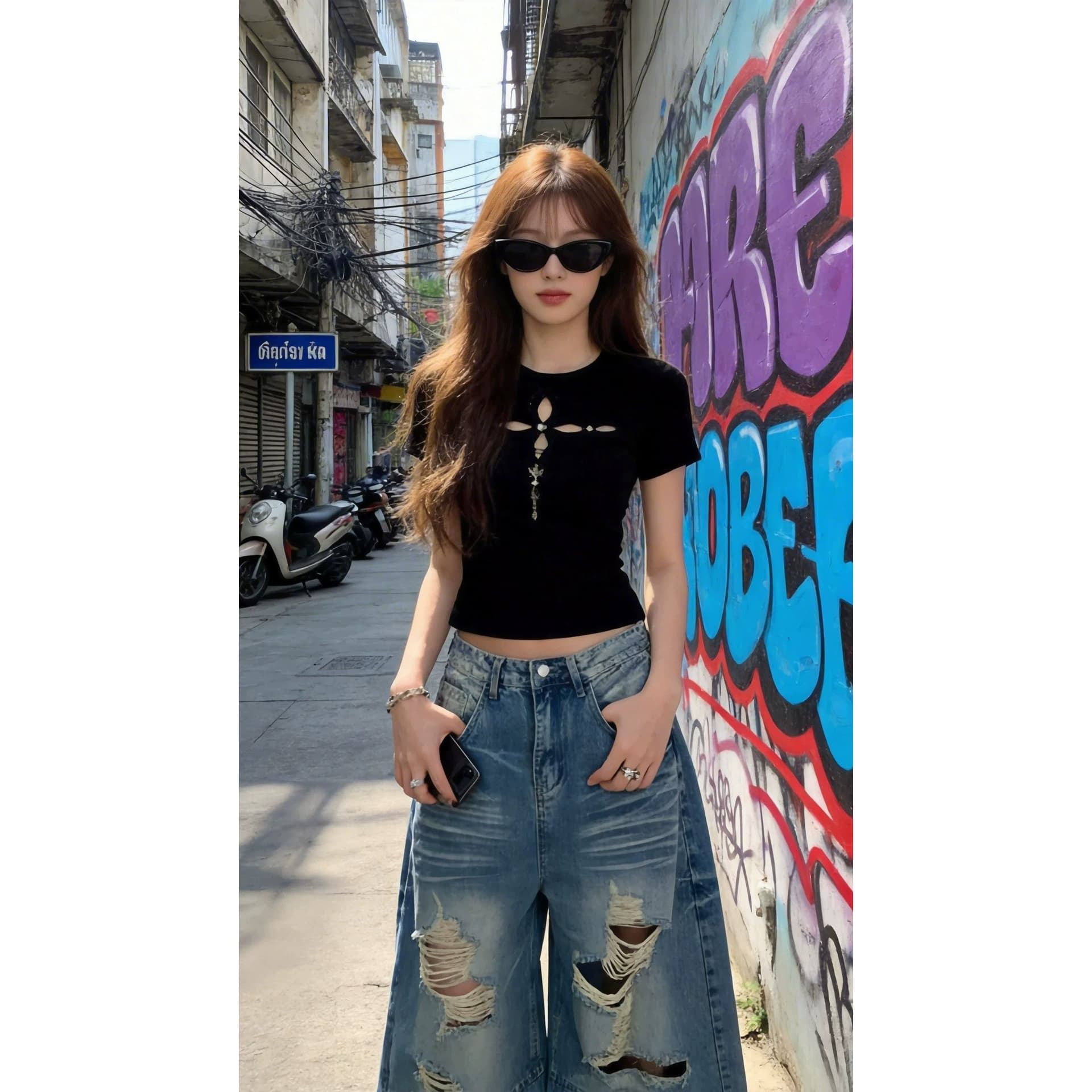 순면 검정색 홀로우 아웃 긍정적 인 어깨 쇼트 스타일 반팔 티셔츠 여성 여름 디자인 센스 몸매 가꾸기 허리 수축 맨위 이미지 2