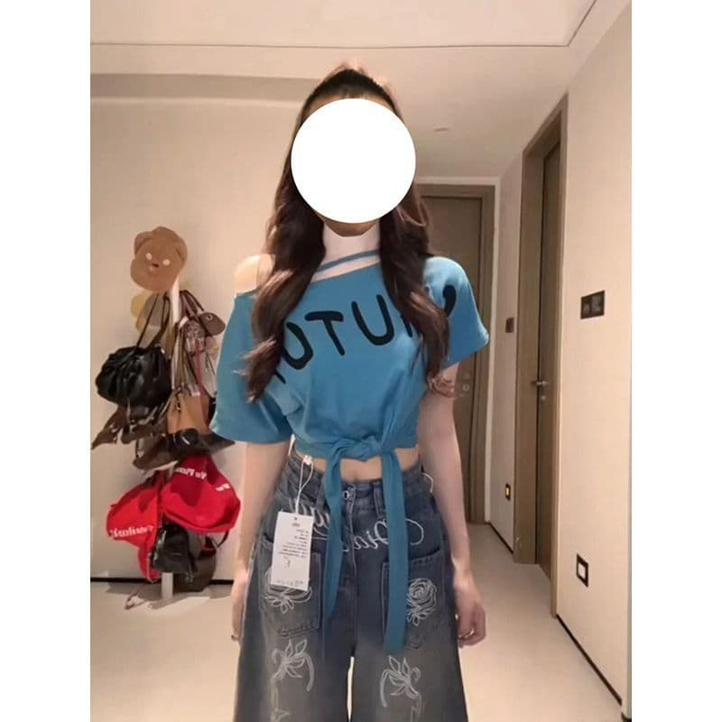 사람들 면 모달 레트로 스타일 비스듬한 어깨 오프숄더 티셔츠 여성 여름 반팔 알파벳 프린트 레이스업 다용도 맨위 상세 이미지 2