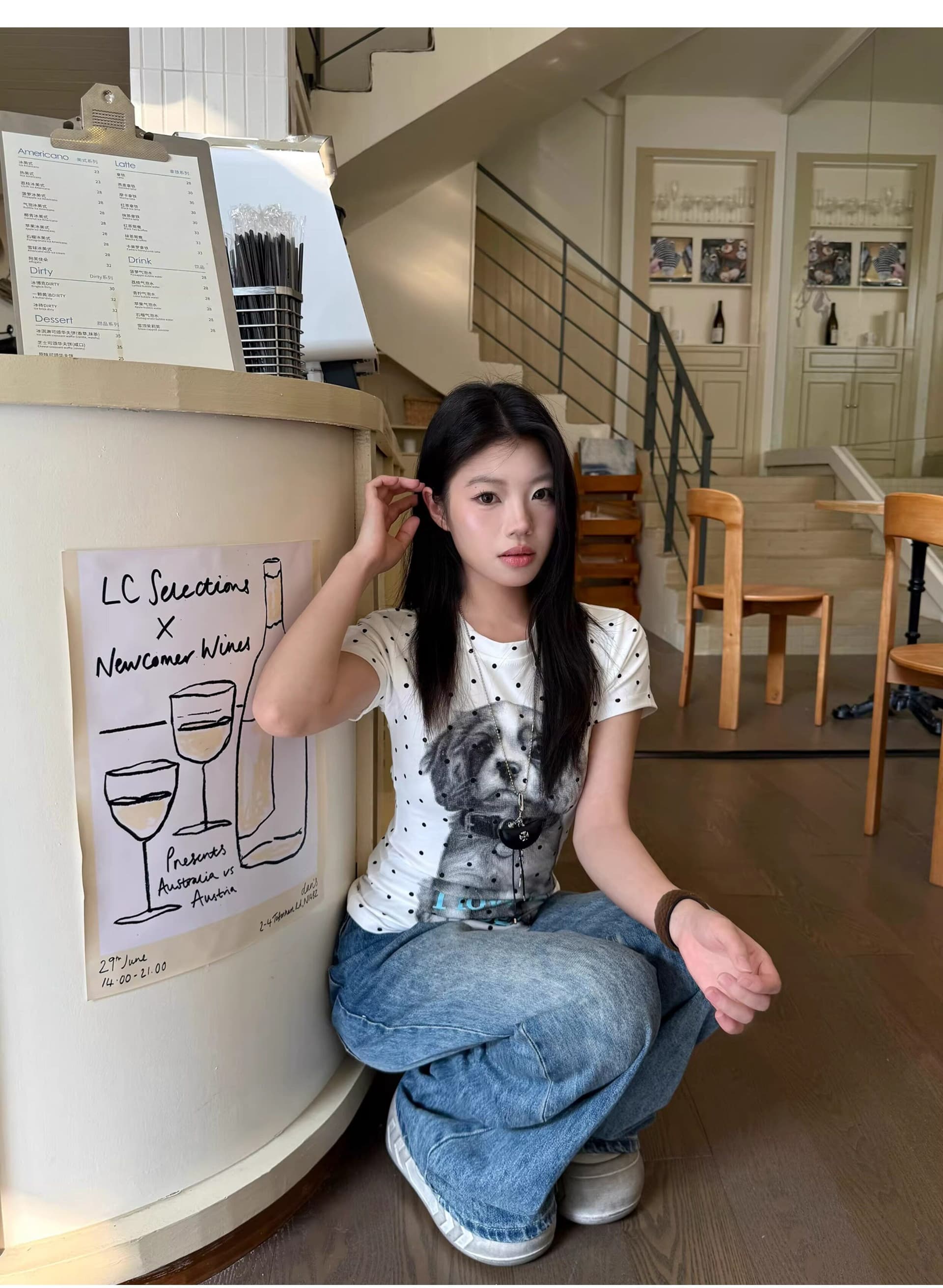 40 순면 프린트 이후 패키지 칼라 몸매 가꾸기 슬림해 보이는 도트 무늬 강아지 긍정적 인 어깨 반팔 아메리칸 티셔츠 여성 여름 이미지 4