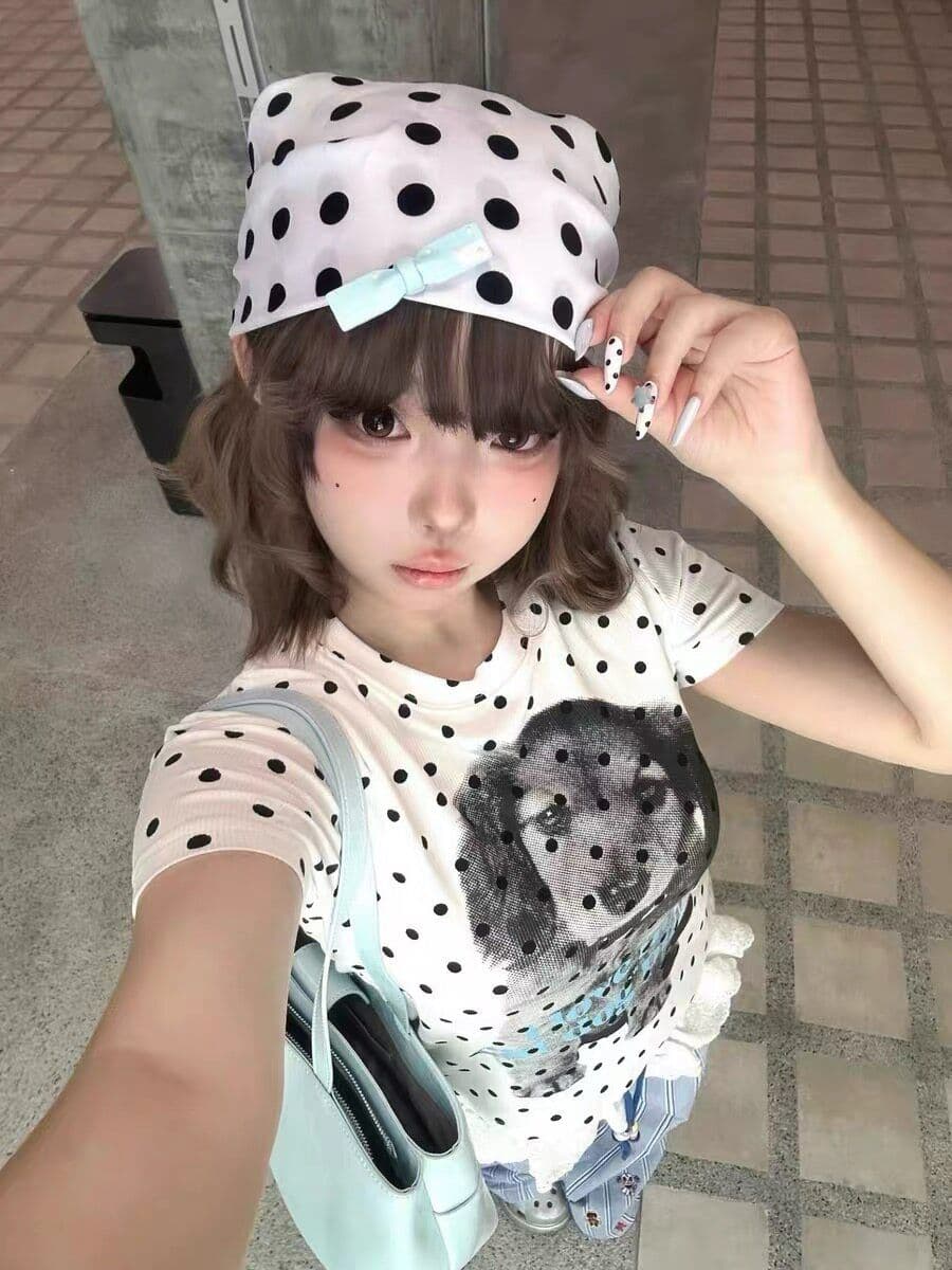40 순면 프린트 이후 패키지 칼라 몸매 가꾸기 슬림해 보이는 도트 무늬 강아지 긍정적 인 어깨 반팔 아메리칸 티셔츠 여성 여름 상세 이미지 5