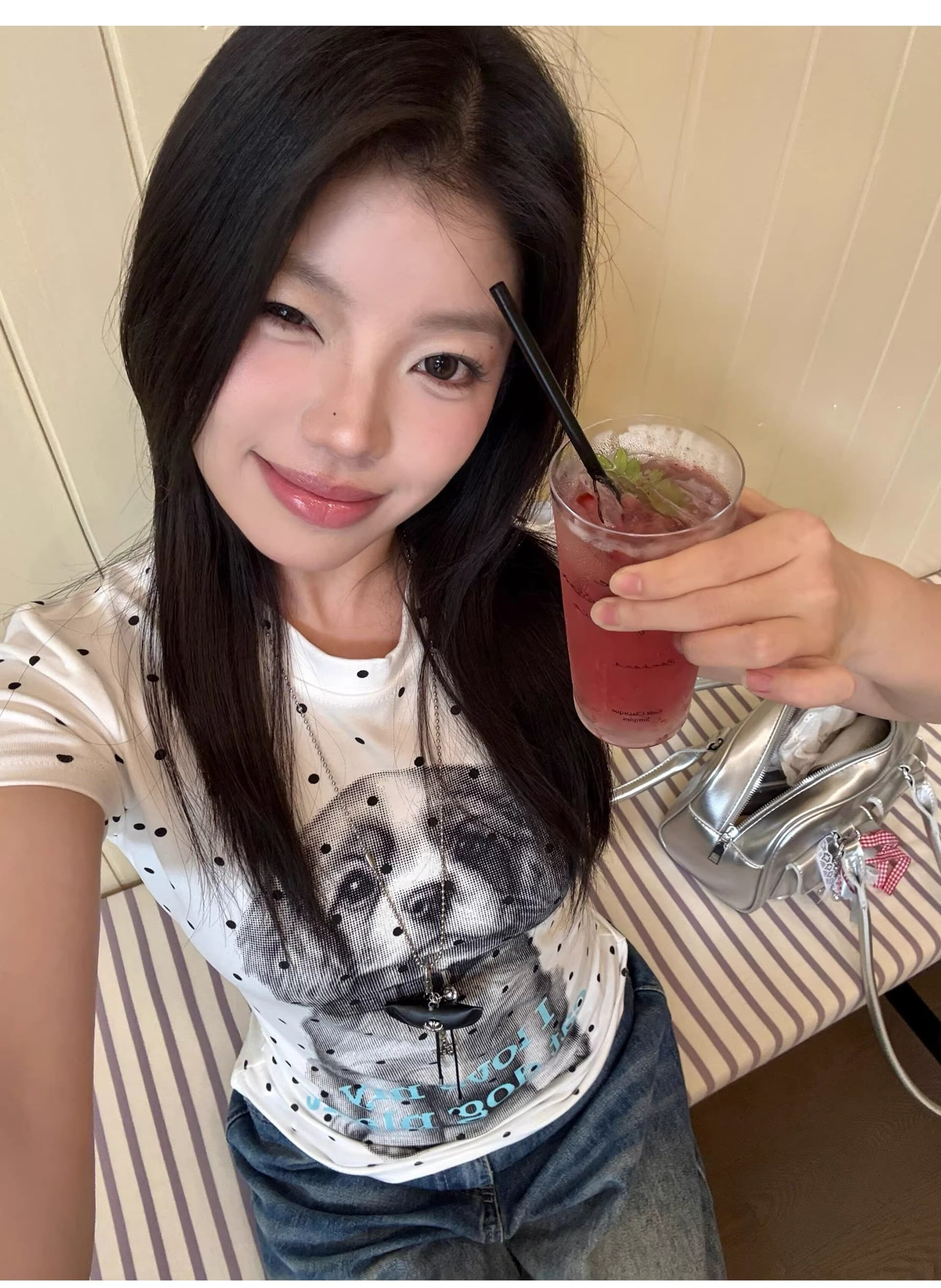 40 순면 프린트 이후 패키지 칼라 몸매 가꾸기 슬림해 보이는 도트 무늬 강아지 긍정적 인 어깨 반팔 아메리칸 티셔츠 여성 여름 상세 이미지 8