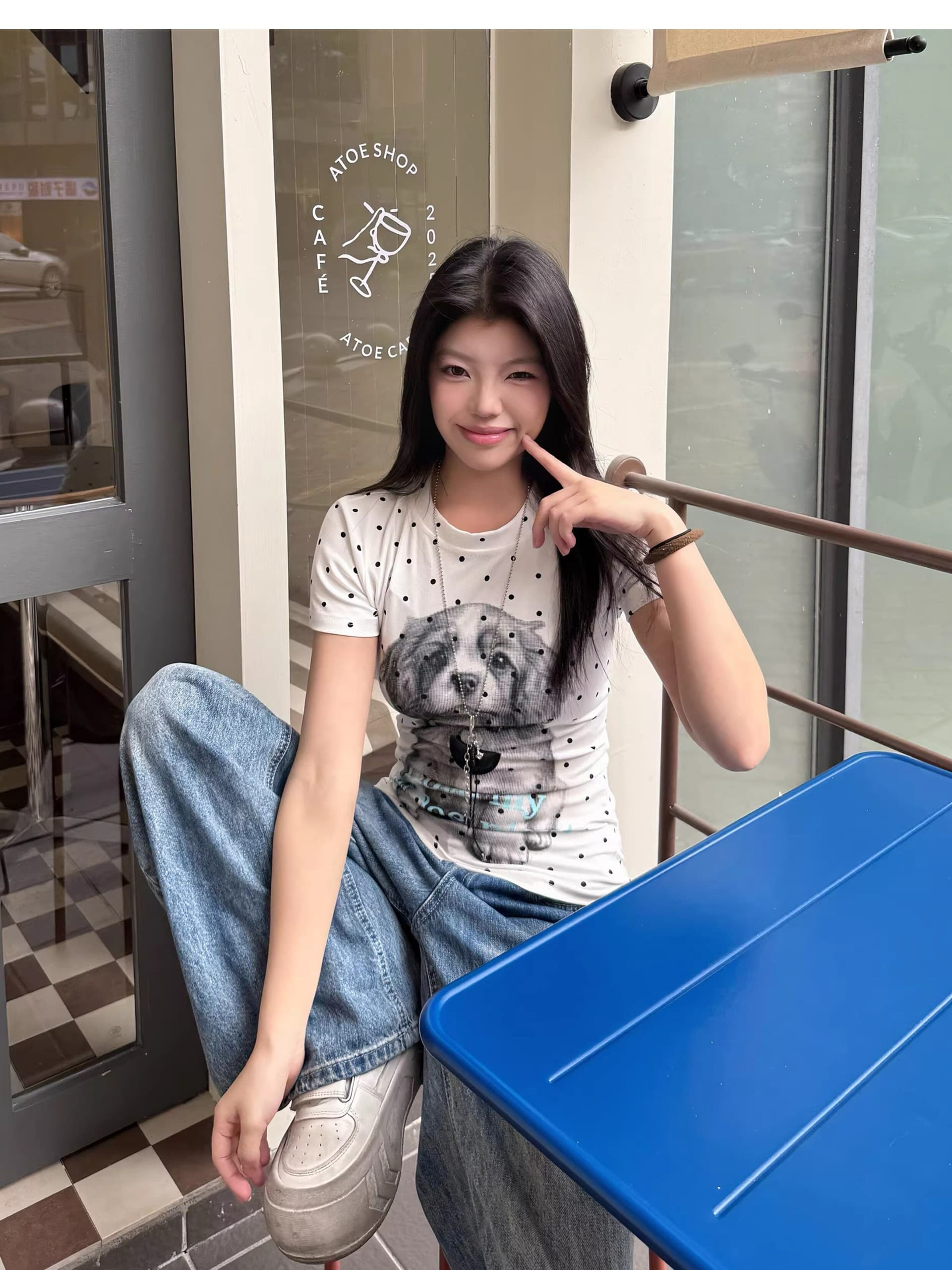 40 순면 프린트 이후 패키지 칼라 몸매 가꾸기 슬림해 보이는 도트 무늬 강아지 긍정적 인 어깨 반팔 아메리칸 티셔츠 여성 여름 상세 이미지 11