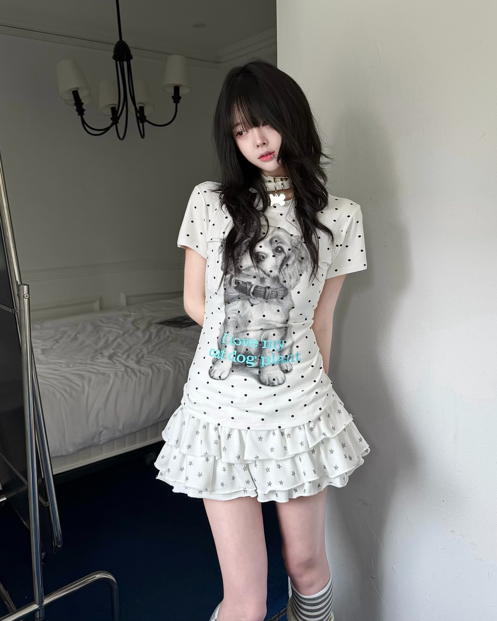 40 순면 프린트 이후 패키지 칼라 몸매 가꾸기 슬림해 보이는 도트 무늬 강아지 긍정적 인 어깨 반팔 아메리칸 티셔츠 여성 여름 상세 이미지 13