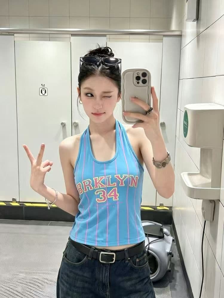 210 그램 40 순면 알파벳 프린트 슬립 행침 목 조끼 여성 몸매 가꾸기 슬림해 보이는 맨위 상세 이미지 6