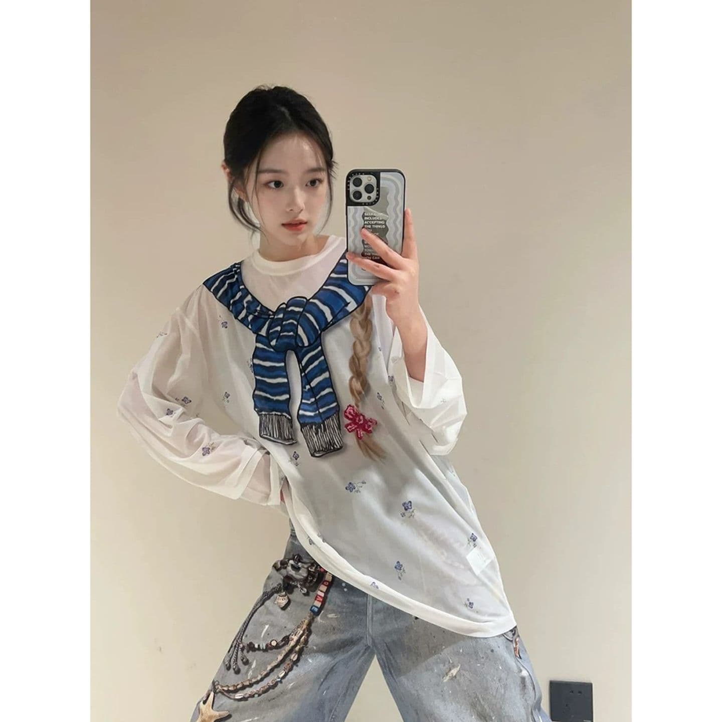 원본 것 캐주얼 재미있는 수채화 동점 매듭 작은 꽃무늬 긴팔 블라우스 여성 티셔츠 이미지 3