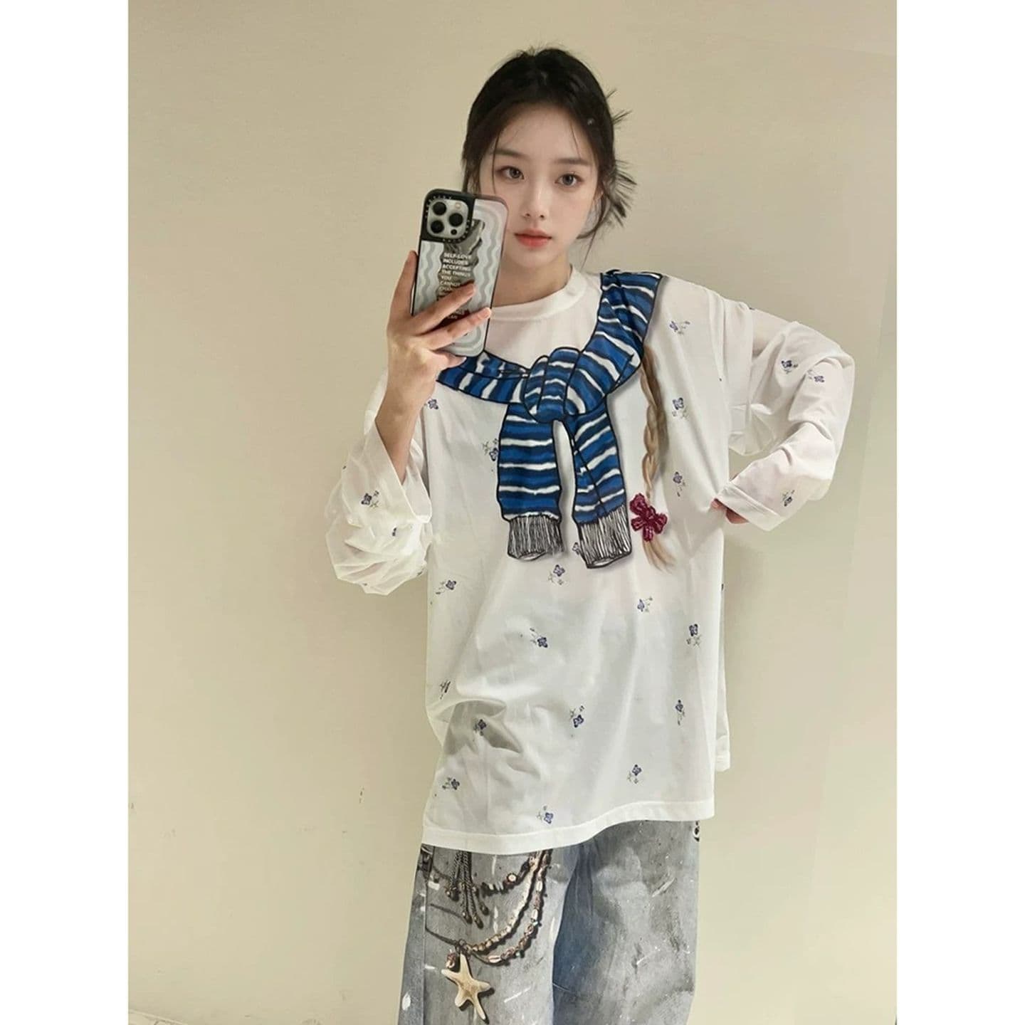 원본 것 캐주얼 재미있는 수채화 동점 매듭 작은 꽃무늬 긴팔 블라우스 여성 티셔츠 이미지 2
