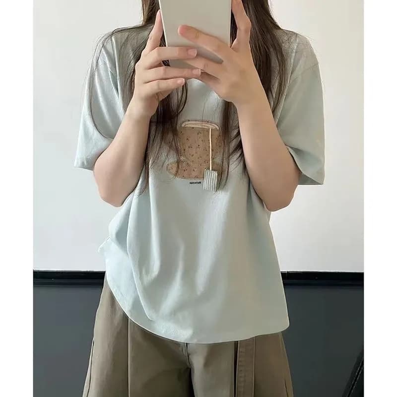 220g 순면 이후 테두리 리브 네클라인 자수 3 차원 장식 반팔 티셔츠 여성 상세 이미지 4