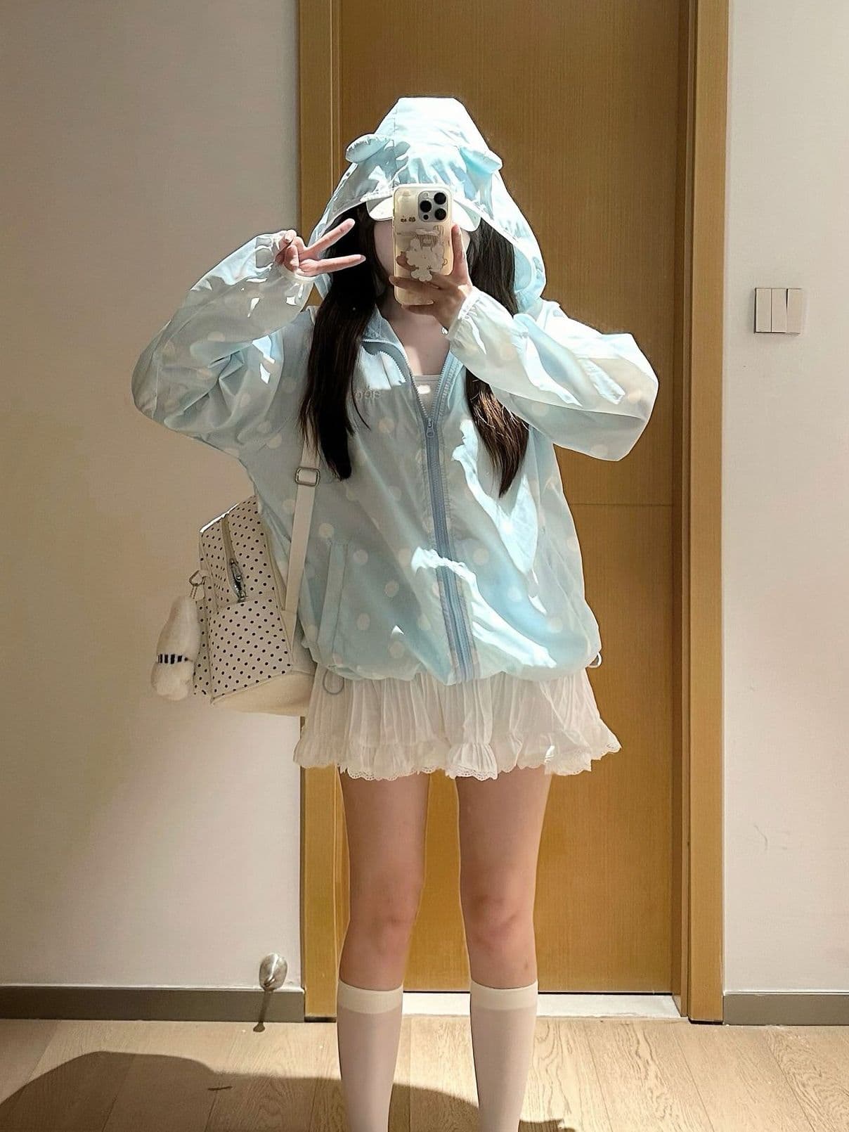 원본 솜씨 귀 부형제 차가운 센스 차가운 미끄러짐 원본 원단 도트 무늬 더블 모자 자외선 차단 재킷 이미지 2