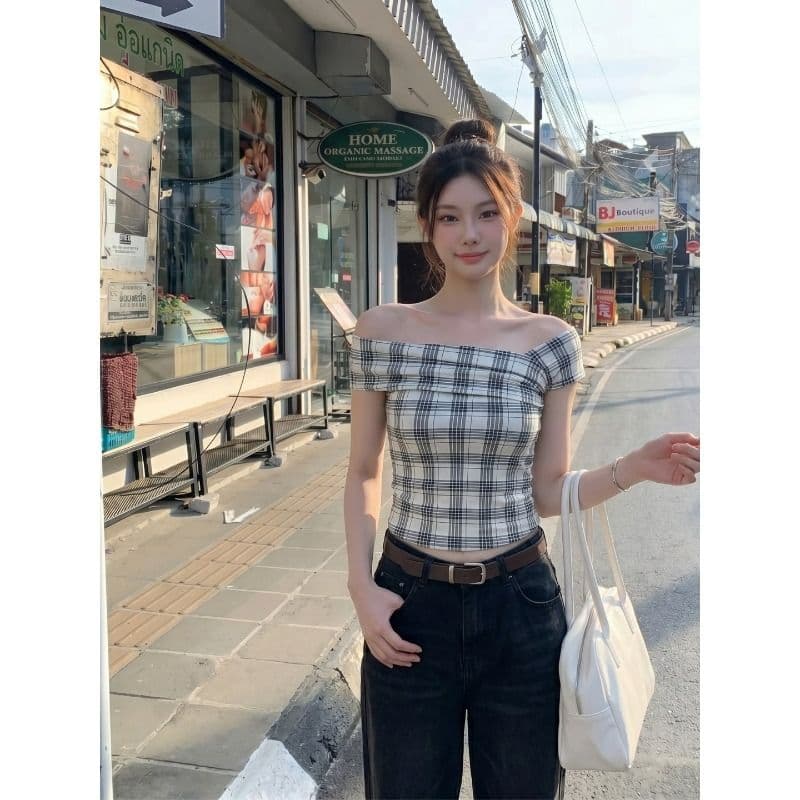 원본 것 체크무늬 오프숄더 반팔 티셔츠 여름 쇼트 스타일 몸매 가꾸기 슬림해 보이는 검정색 핫걸 맨위
