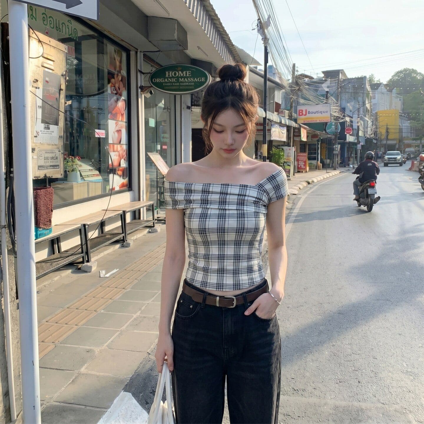 원본 것 체크무늬 오프숄더 반팔 티셔츠 여름 쇼트 스타일 몸매 가꾸기 슬림해 보이는 검정색 핫걸 맨위 상세 이미지 2
