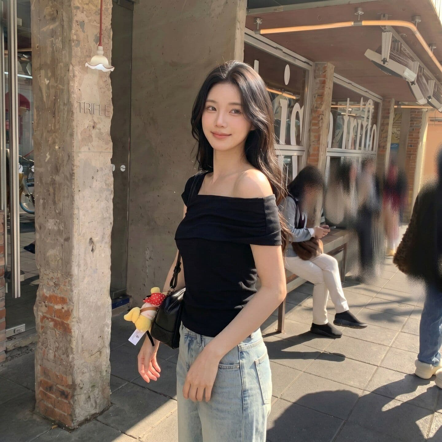 원본 것 체크무늬 오프숄더 반팔 티셔츠 여름 쇼트 스타일 몸매 가꾸기 슬림해 보이는 검정색 핫걸 맨위 상세 이미지 4
