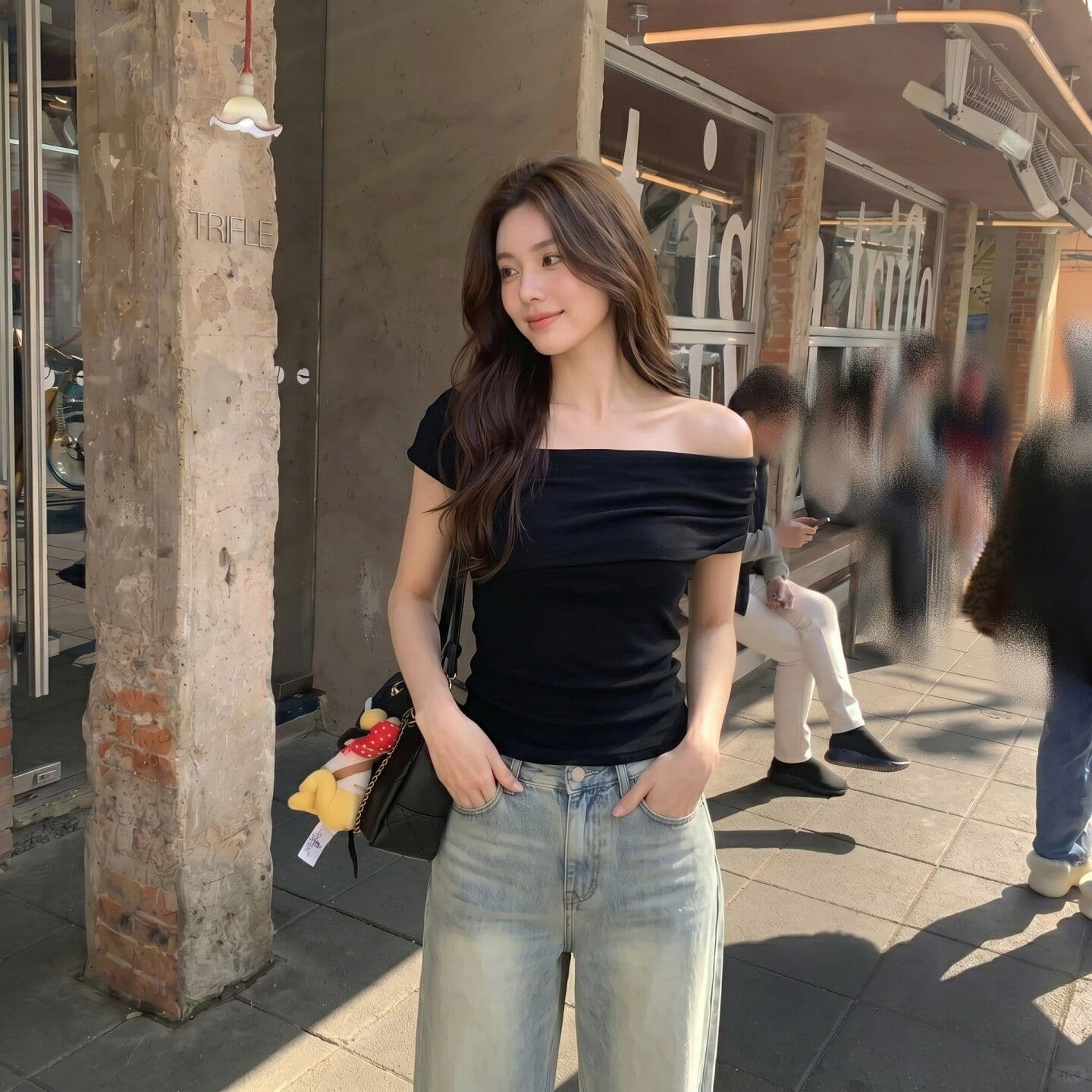 원본 것 체크무늬 오프숄더 반팔 티셔츠 여름 쇼트 스타일 몸매 가꾸기 슬림해 보이는 검정색 핫걸 맨위 상세 이미지 6