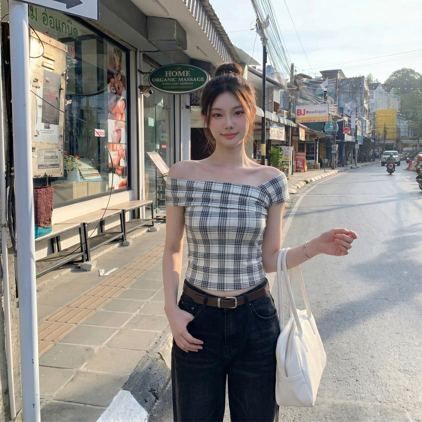 원본 것 체크무늬 오프숄더 반팔 티셔츠 여름 쇼트 스타일 몸매 가꾸기 슬림해 보이는 검정색 핫걸 맨위 상세 이미지 8