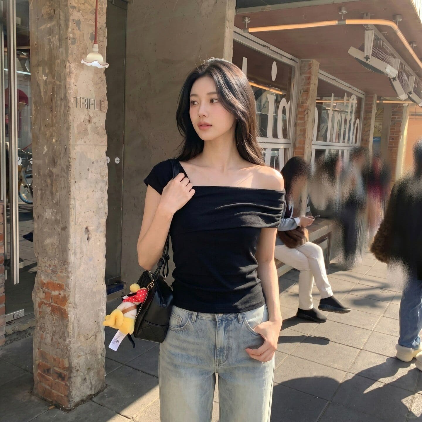 원본 것 체크무늬 오프숄더 반팔 티셔츠 여름 쇼트 스타일 몸매 가꾸기 슬림해 보이는 검정색 핫걸 맨위 상세 이미지 10