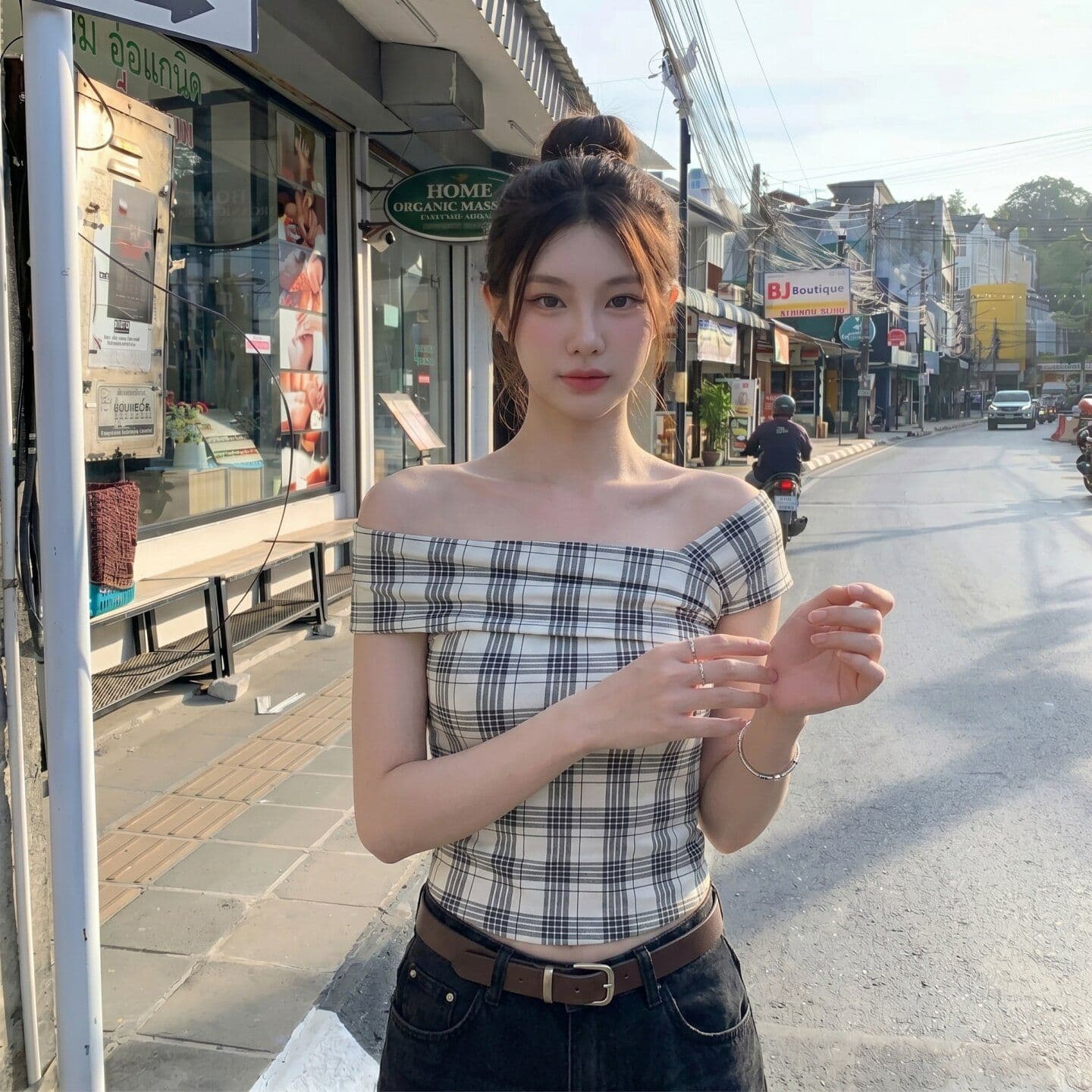 원본 것 체크무늬 오프숄더 반팔 티셔츠 여름 쇼트 스타일 몸매 가꾸기 슬림해 보이는 검정색 핫걸 맨위 상세 이미지 14