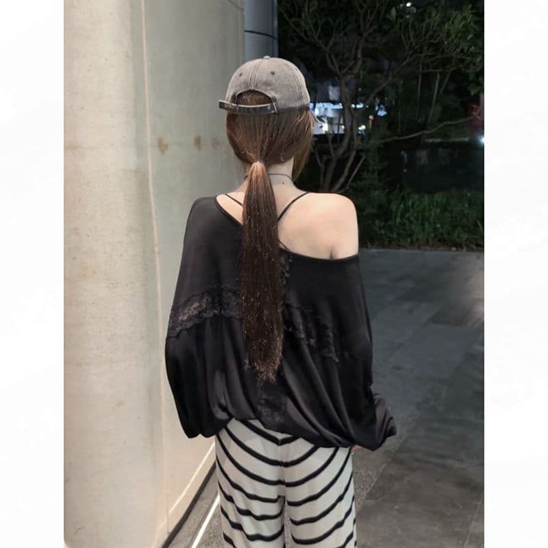 모달 사람들 면 200그램 원본 대 핏 스타일 홀로우 아웃 레이스 여름 자외선 차단 블라우스 루즈핏 배트윙 소매 이미지 4