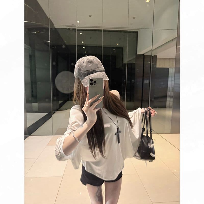 모달 사람들 면 200그램 원본 대 핏 스타일 홀로우 아웃 레이스 여름 자외선 차단 블라우스 루즈핏 배트윙 소매 상세 이미지 6