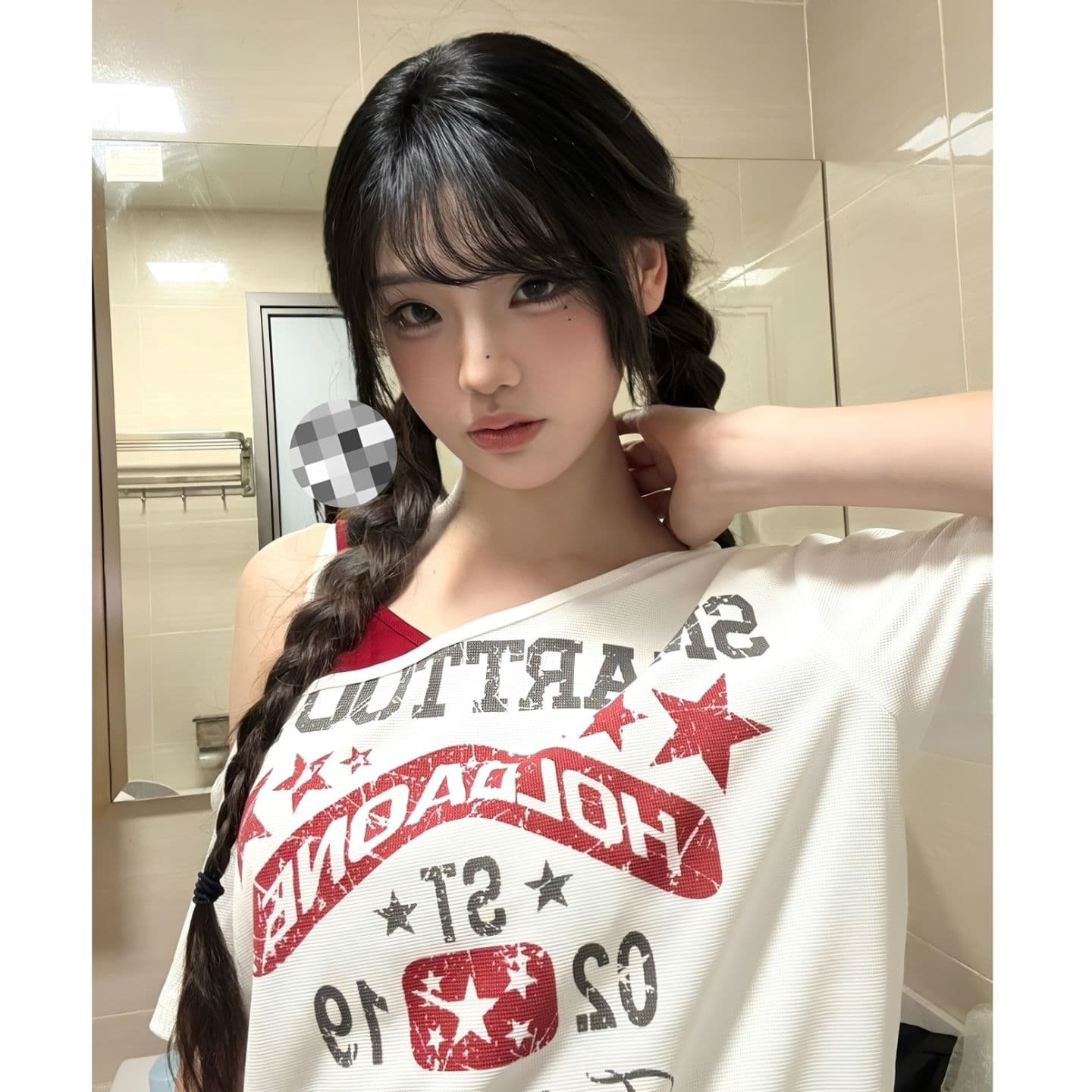 광저우 원단 후아 남편 그리드 디지털 직분사 한 부서 가짜 두 조각 비스듬한 어깨 반팔 티셔츠 패치워크 색상 디자인 센스 맨위 이미지 3