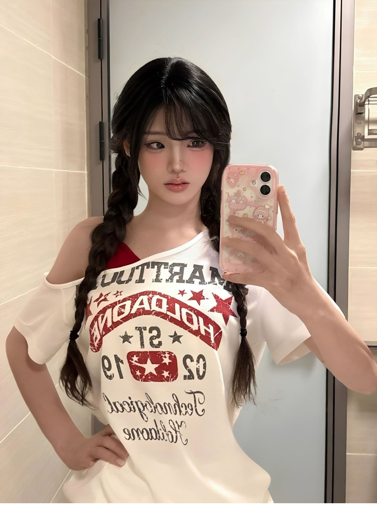 광저우 원단 후아 남편 그리드 디지털 직분사 한 부서 가짜 두 조각 비스듬한 어깨 반팔 티셔츠 패치워크 색상 디자인 센스 맨위 상세 이미지 4