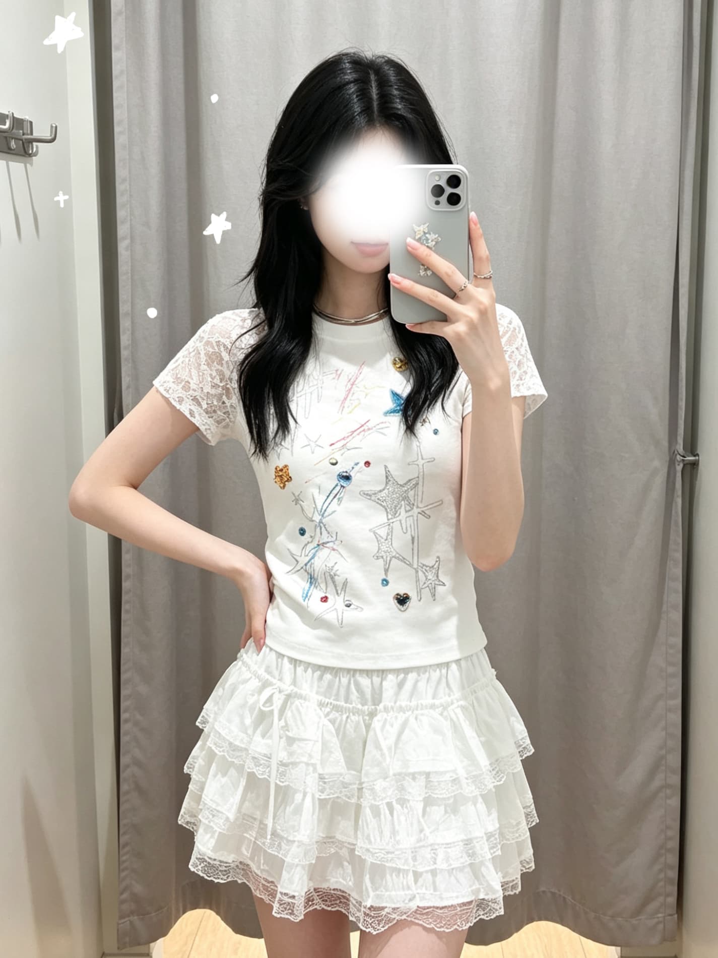 230 크 92 면 8 암모니아 Lun 패치워크 별 메시 원단 삽입 어깨 소매 프린트 패키지 칼라 전체 다림질 상세 이미지 2