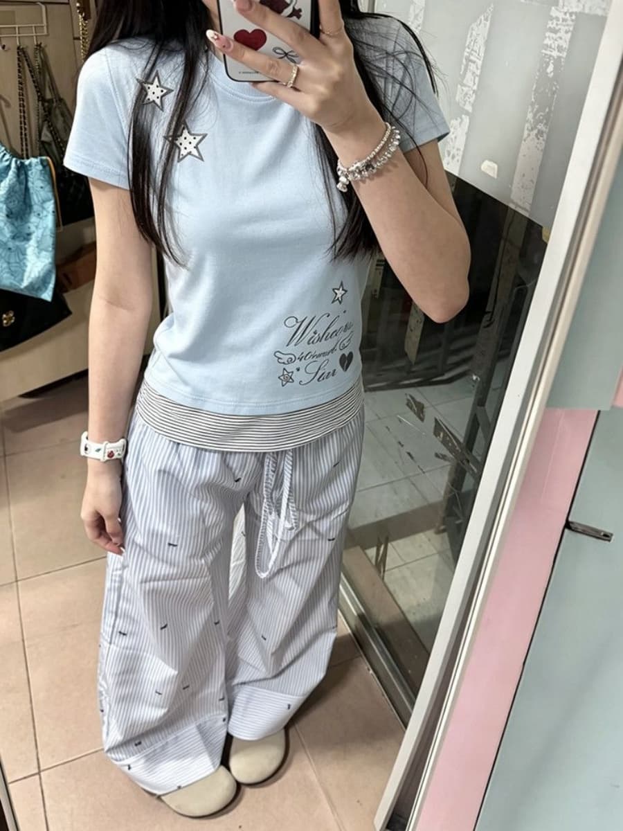220 그램 92 면 8 암모니아 Lun 자수 페이크 레이어드 슬림 피트 티셔츠