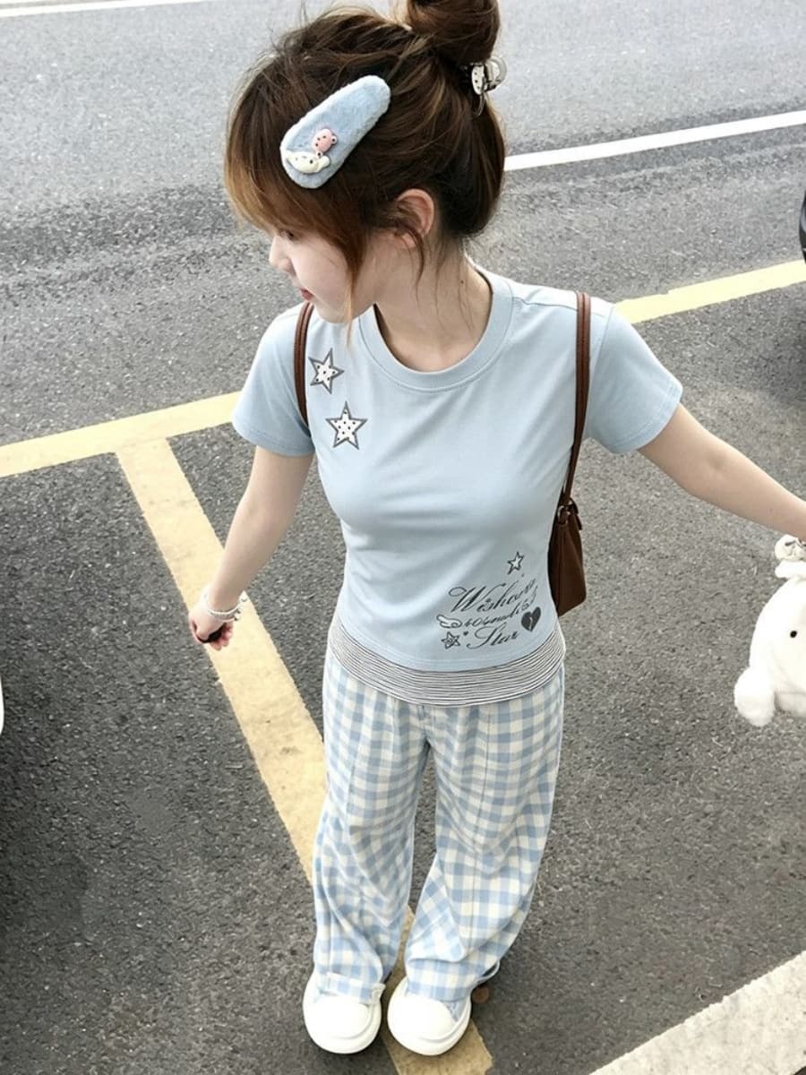 220 그램 92 면 8 암모니아 Lun 자수 페이크 레이어드 슬림 피트 티셔츠 이미지 2