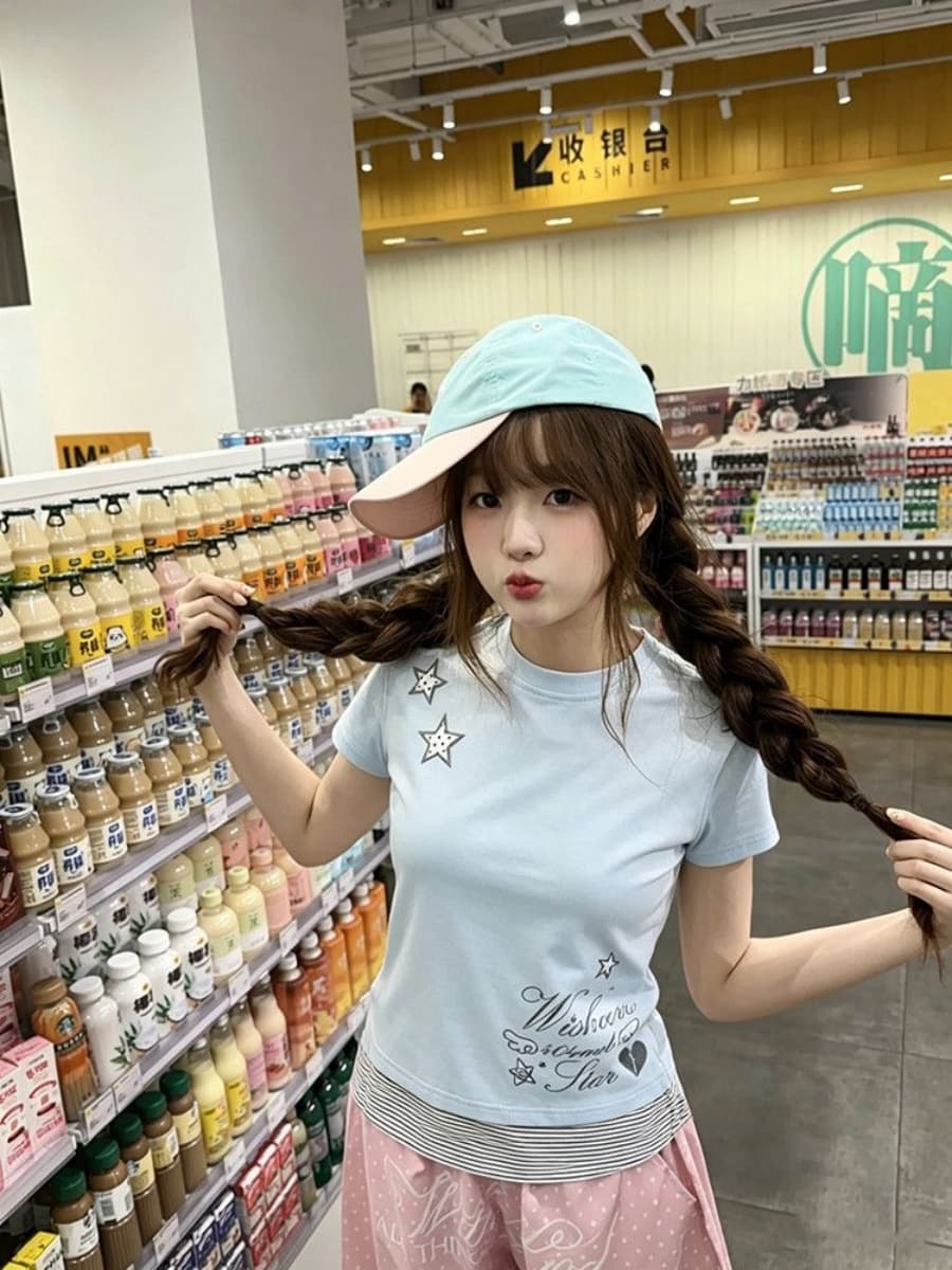 220 그램 92 면 8 암모니아 Lun 자수 페이크 레이어드 슬림 피트 티셔츠 이미지 3
