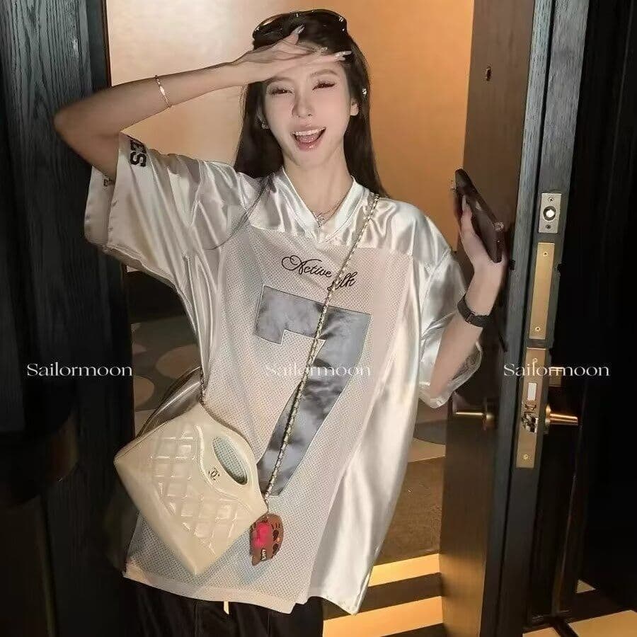 운동 바람 달콤한 차가운 숫자 프린트 반팔 티셔츠 여성 여름 배색 패치워크 루즈핏 중간 길이 맨위