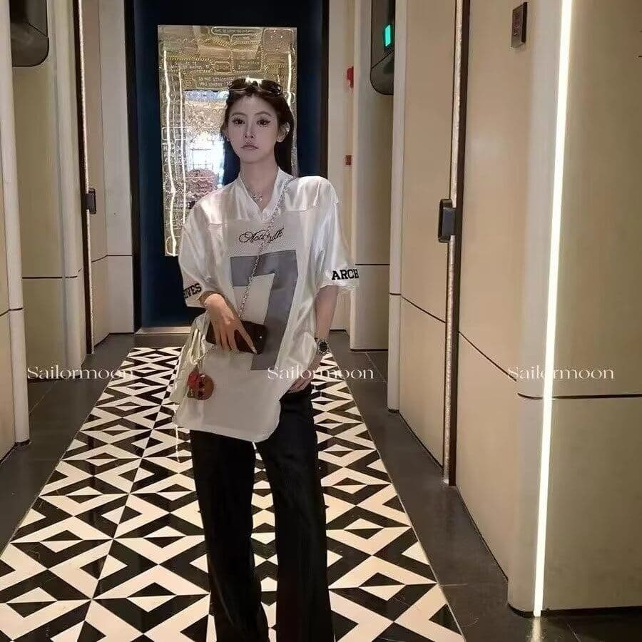 운동 바람 달콤한 차가운 숫자 프린트 반팔 티셔츠 여성 여름 배색 패치워크 루즈핏 중간 길이 맨위 이미지 5