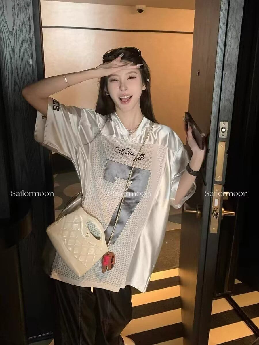 운동 바람 달콤한 차가운 숫자 프린트 반팔 티셔츠 여성 여름 배색 패치워크 루즈핏 중간 길이 맨위 상세 이미지 1
