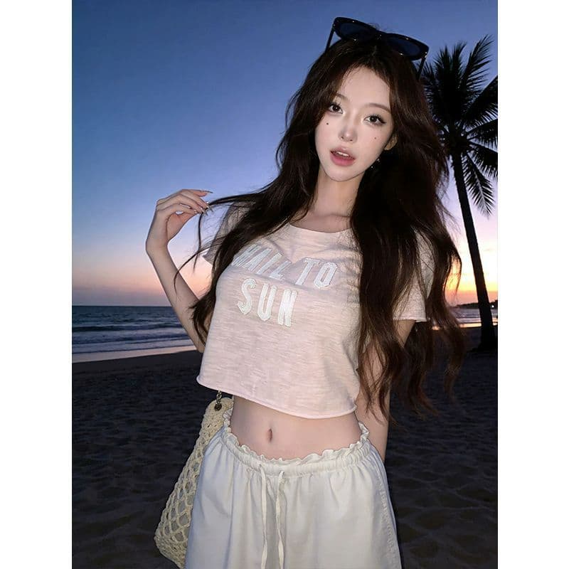달콤한 스타일 핑크색 알파벳 프린트 라운드 넥 긍정적 인 어깨 반팔 티셔츠 여성 여름 새로운 몸매 가꾸기 슬림해 보이는 다용도 맨위 상세 이미지 5