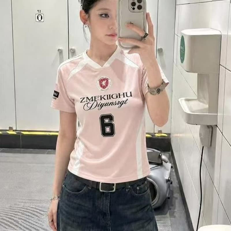 40 220 그램 92 면 8 암모니아 Lun 이후 패키지 칼라 배색 패치워크 프린트 몸매 가꾸기 반팔 티셔츠 여성 이미지 5