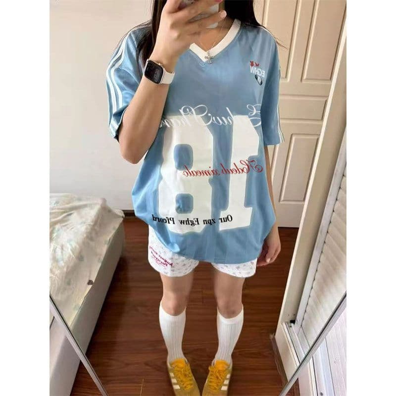 원본 원단 원본 솜씨 리브 네클라인 이후 테두리 프린트 자수 V넥 반팔 여성 상세 이미지 3