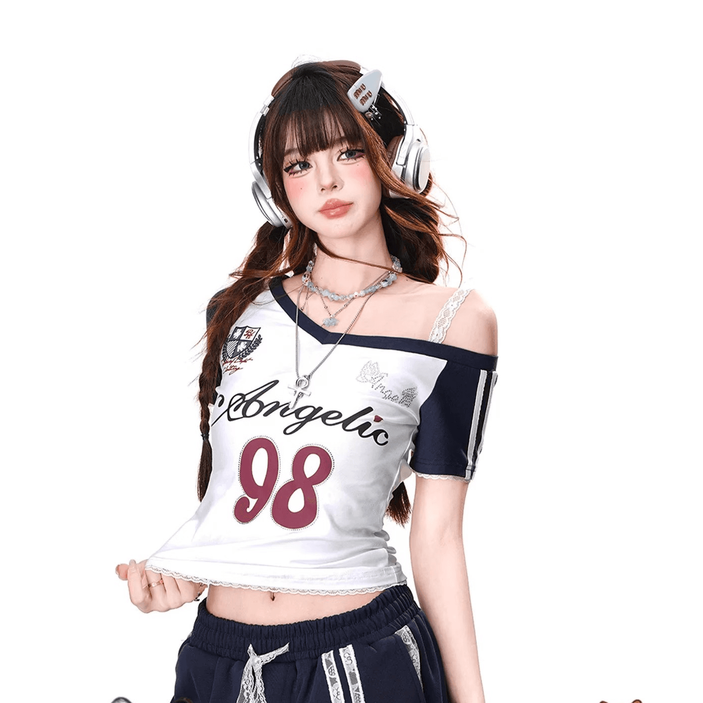 1 1 인 면 260 그램 반팔 티셔츠 여성 여름 몸매 가꾸기 슬림해 보이는 비스듬한 어깨 레이스 쇼트 스타일 작은 맨위