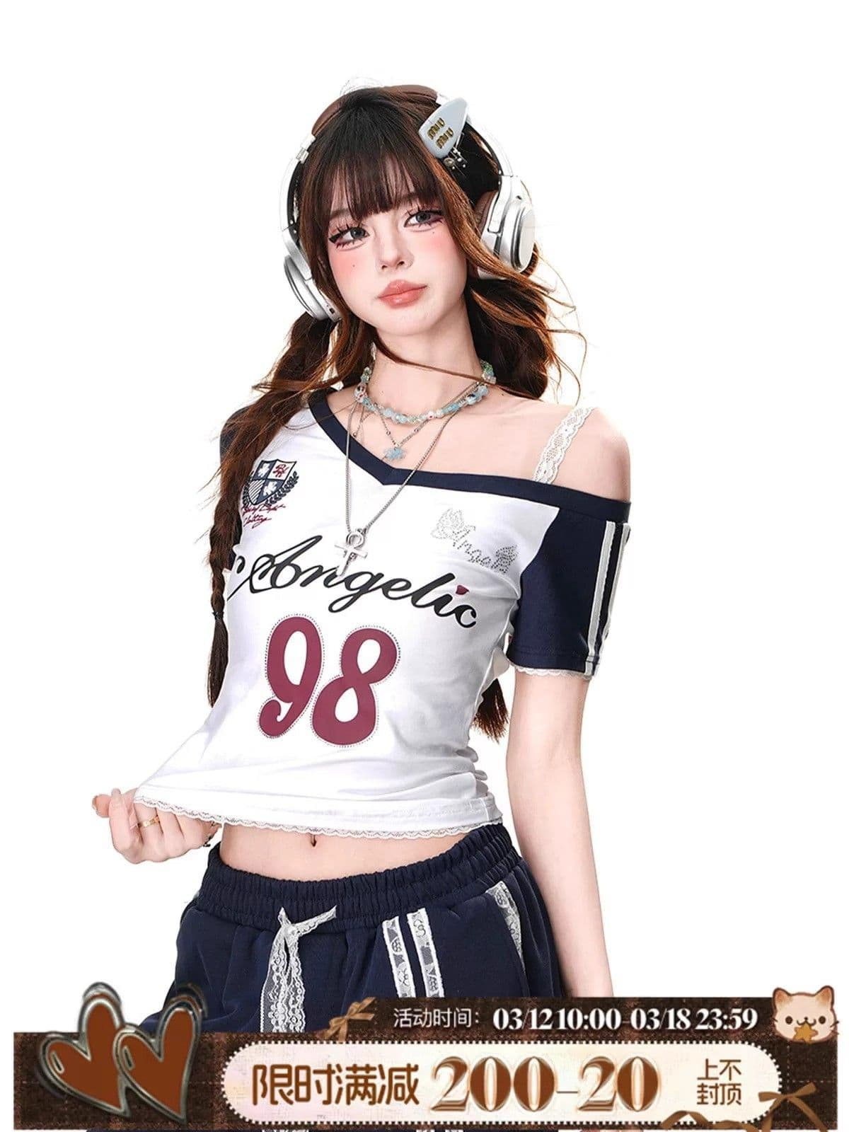 1 1 인 면 260 그램 반팔 티셔츠 여성 여름 몸매 가꾸기 슬림해 보이는 비스듬한 어깨 레이스 쇼트 스타일 작은 맨위 상세 이미지 2